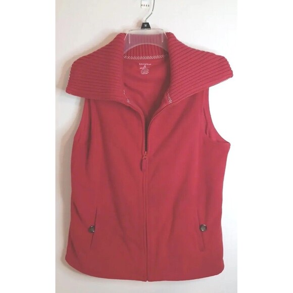 Lands End Cable Knit Sweater Vest M Red Full Zip Fleece Soft Knit Mock Neck - Picture 1 of 6